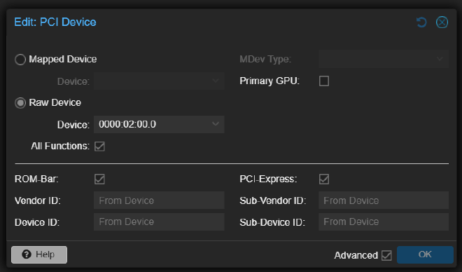 Screenshot of Proxmox PCI passthrough configuration